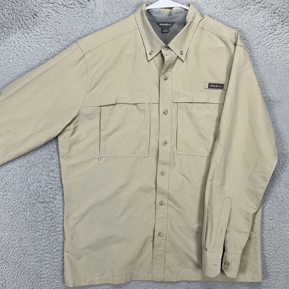 Eddie Bauer Button Down Shirt Mens Large Tan Nylon Blend Vented Hiking Fishing